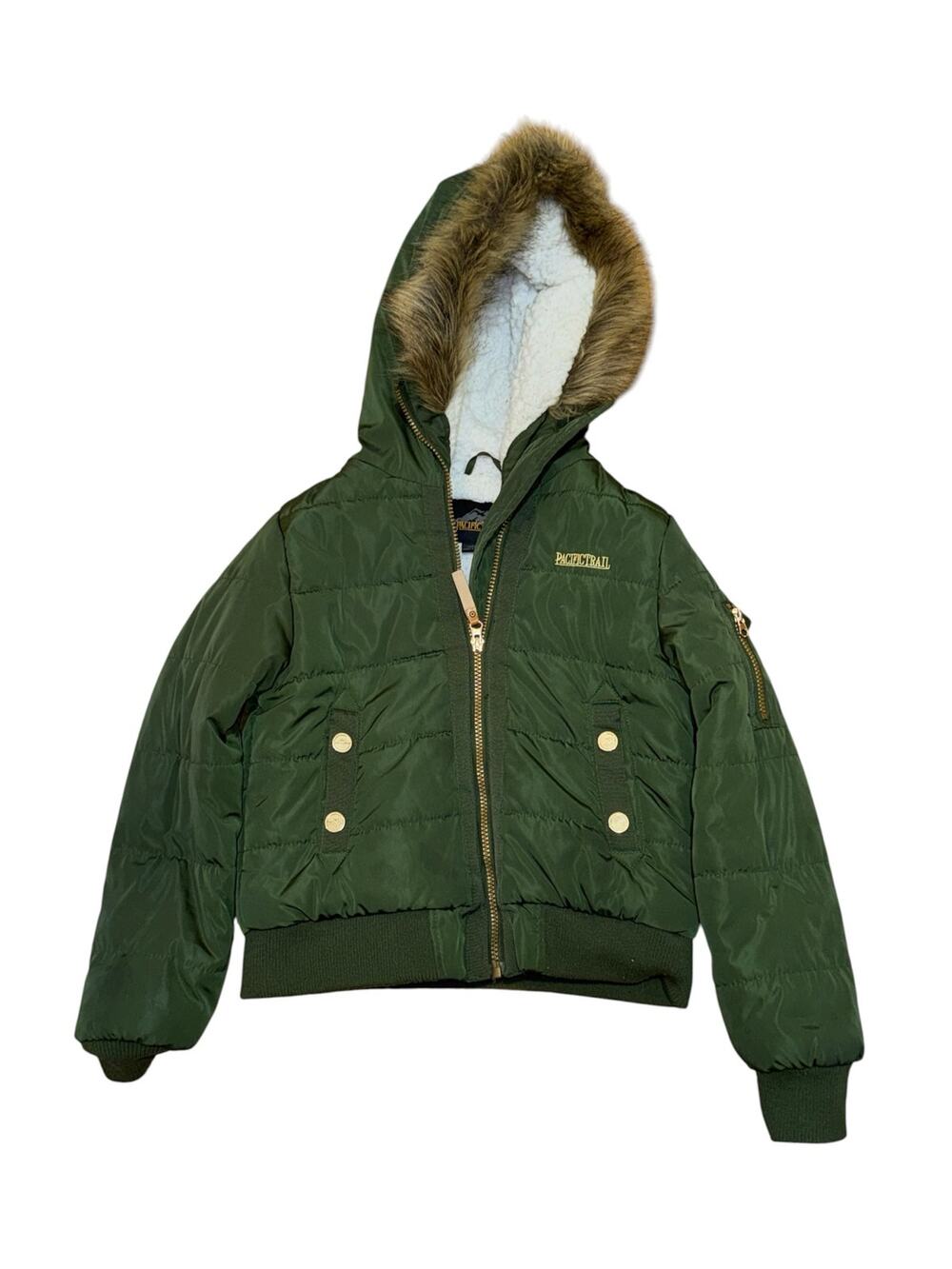 Pacific Trail Kids Green Puffer Jacket Size S 7/8 Faux Fur Hood Fleece Lined